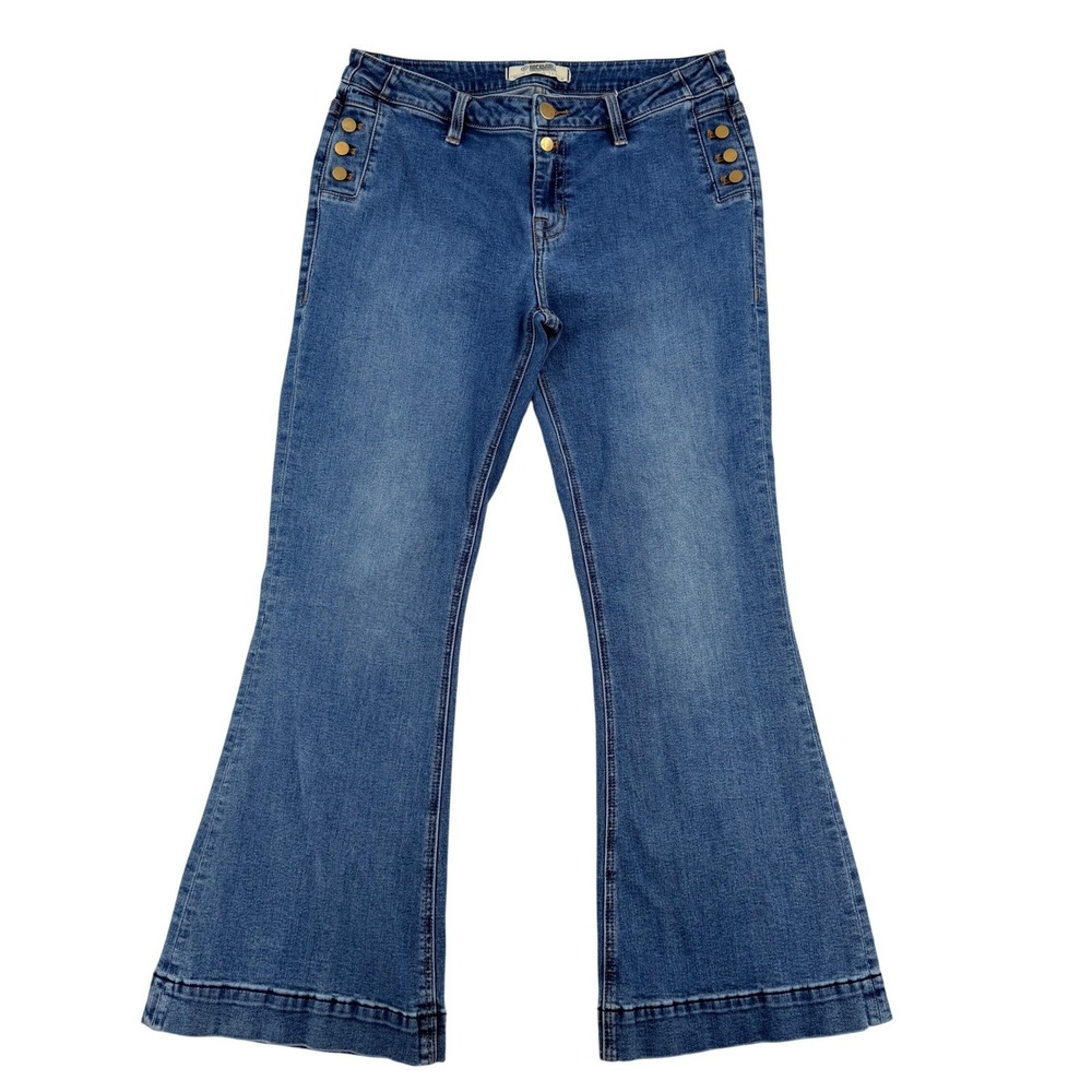 Rock & Roll Denim Women W32 L32 Mid Rise Trouser Jeans Blue Flare Button Front